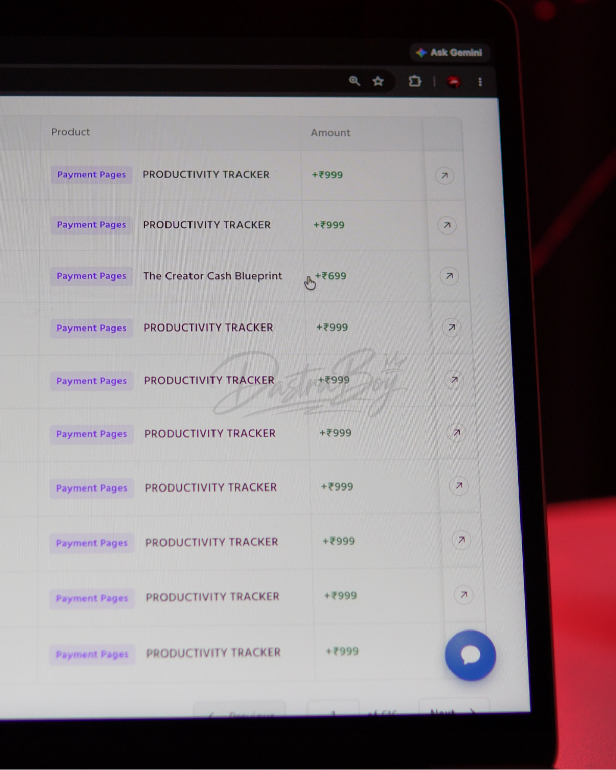 Payment log showing The Creator Cash Blueprint orders