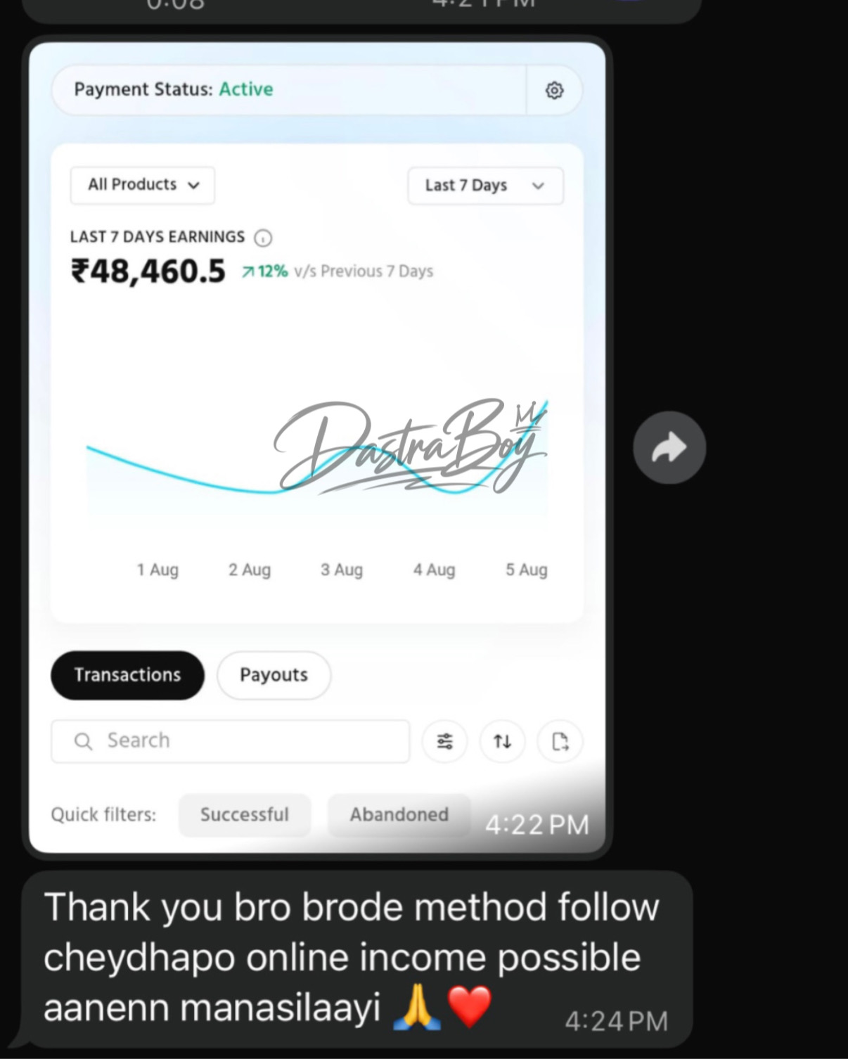 Payments dashboard showing ₹48,460 earnings in the last 7 days