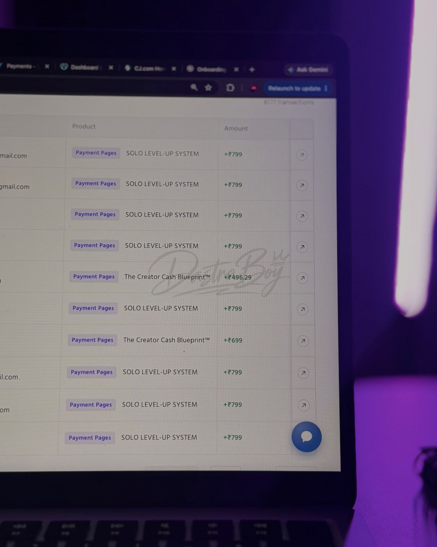 Transactions log showing thousands of digital product payments